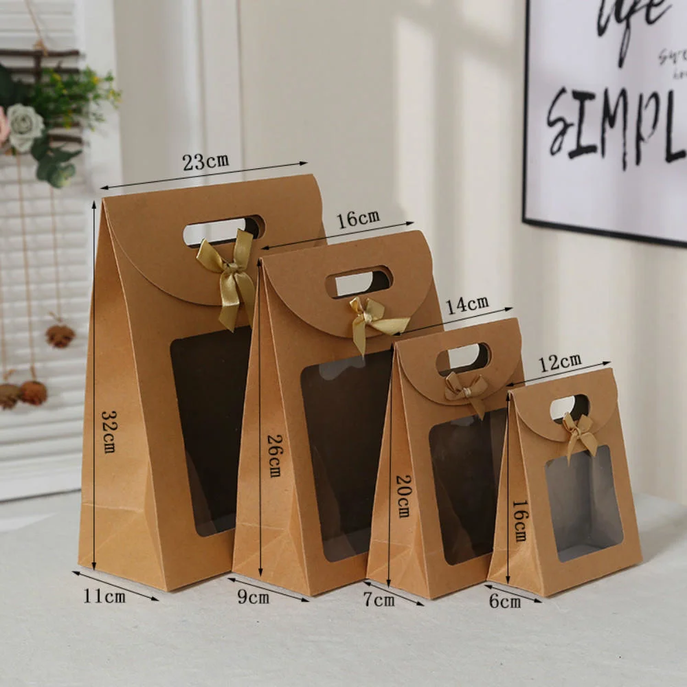 

32/26/20/16cm Kraft Paper Portable Gift Bag PVC Clear Window Packaging Bags for Small Business Birthday Christmas Present Wrap