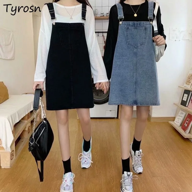 

Женские джинсовые платья выше колена, модные однотонные простые милые школьные Платья А-силуэта, универсальная женская одежда в стиле ольч...