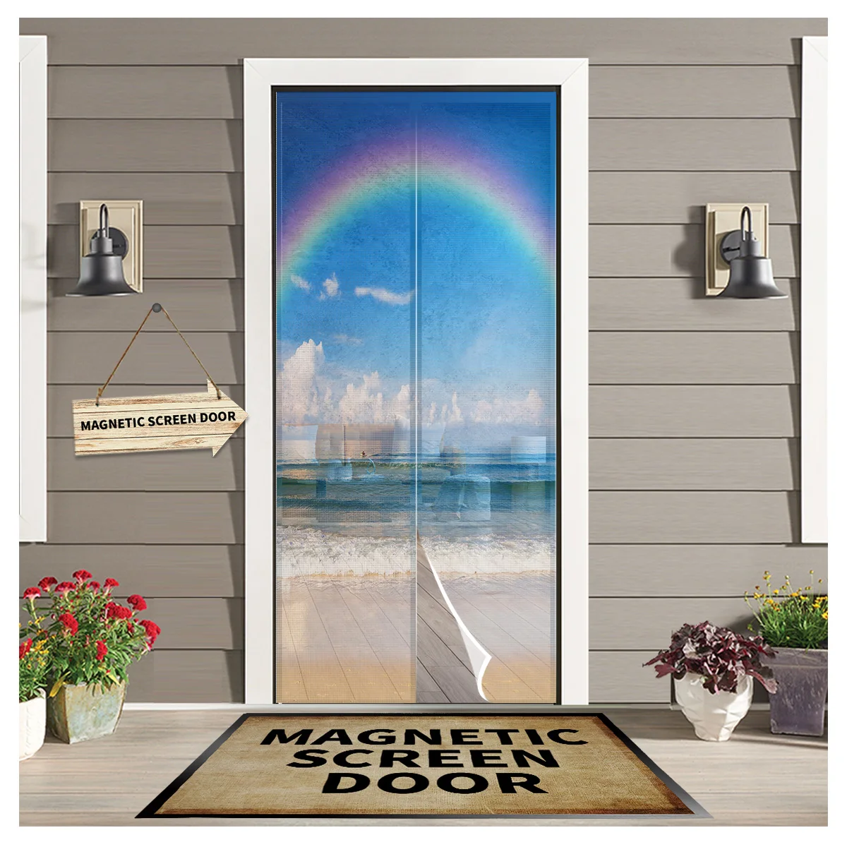 

Rainbow Seaside Beach Sky Door Curtain Magnetic Mosquito Net Curtains Bedroom Insect Door Screen Gauze Door Window Screens