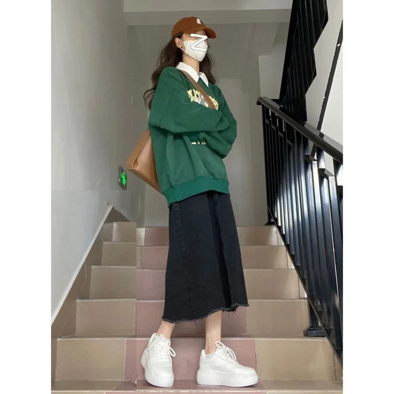 

Half Skirt American Vintage Green Sweater Women's Clothes 2022 Spring and Autumn Thin Ins Tide Loose Lazy Wind Hoodless Top
