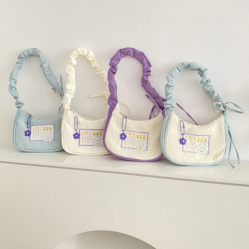 Cute Plush Totes Bags Women 2022 Trendy Flower Rabbit Embroidery Purple Underarm Bags Girls Elegant Tote Bags Small Purses