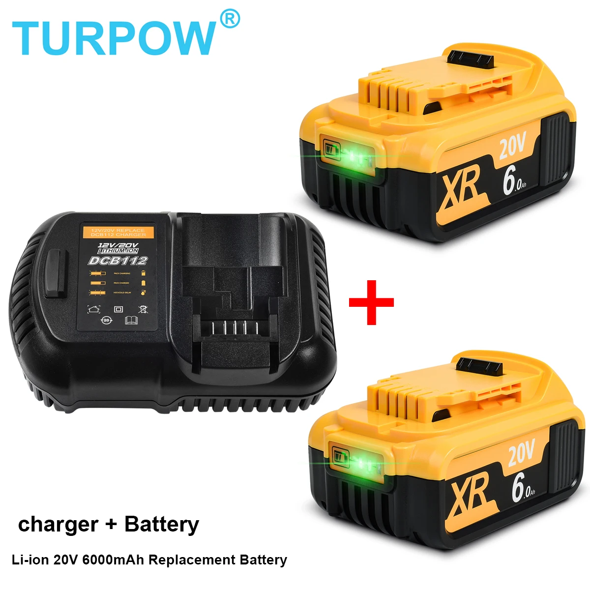 Turpow DCB200 20V 6000mAh Battery and charger For DeWalt 18V DCB184 DCB182 DCB180 DCB181 DCB206 L50 Tools Rechargeable Battery
