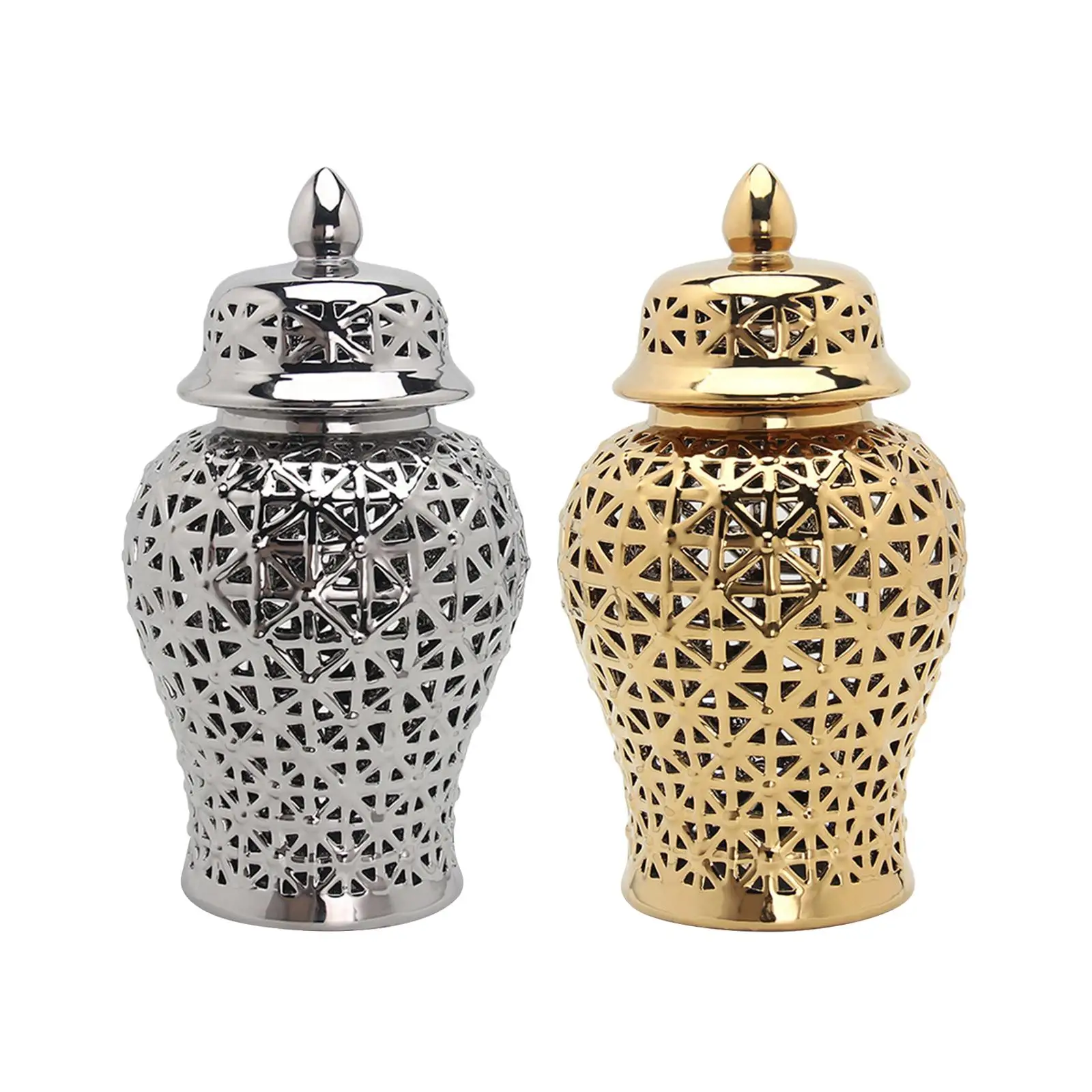 

Traditional Ceramic Hollow Out Ginger Jar with Lid Ornament for Shelf Decor