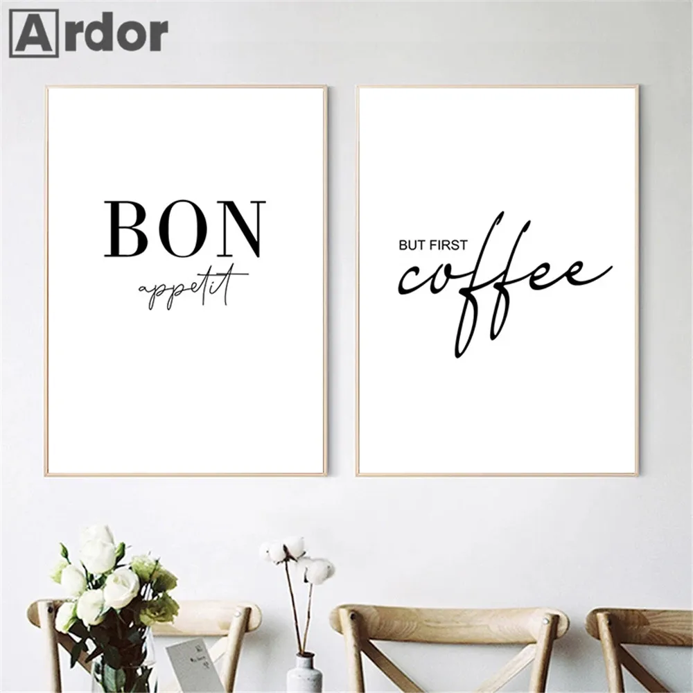 

Black And White Poster But First Coffee Quotes Canvas Painting Bon Appetit Wall Art Print Nordic Wall Pictures Kitchen Decor