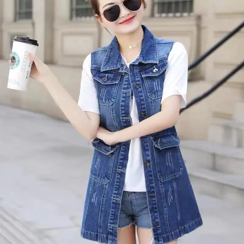 

2022 New Spring And Autumn Denim Vest Women's Long Slim Fit And Thin Fashion All-Match Outerwear Waistcoat Vest Female's tide