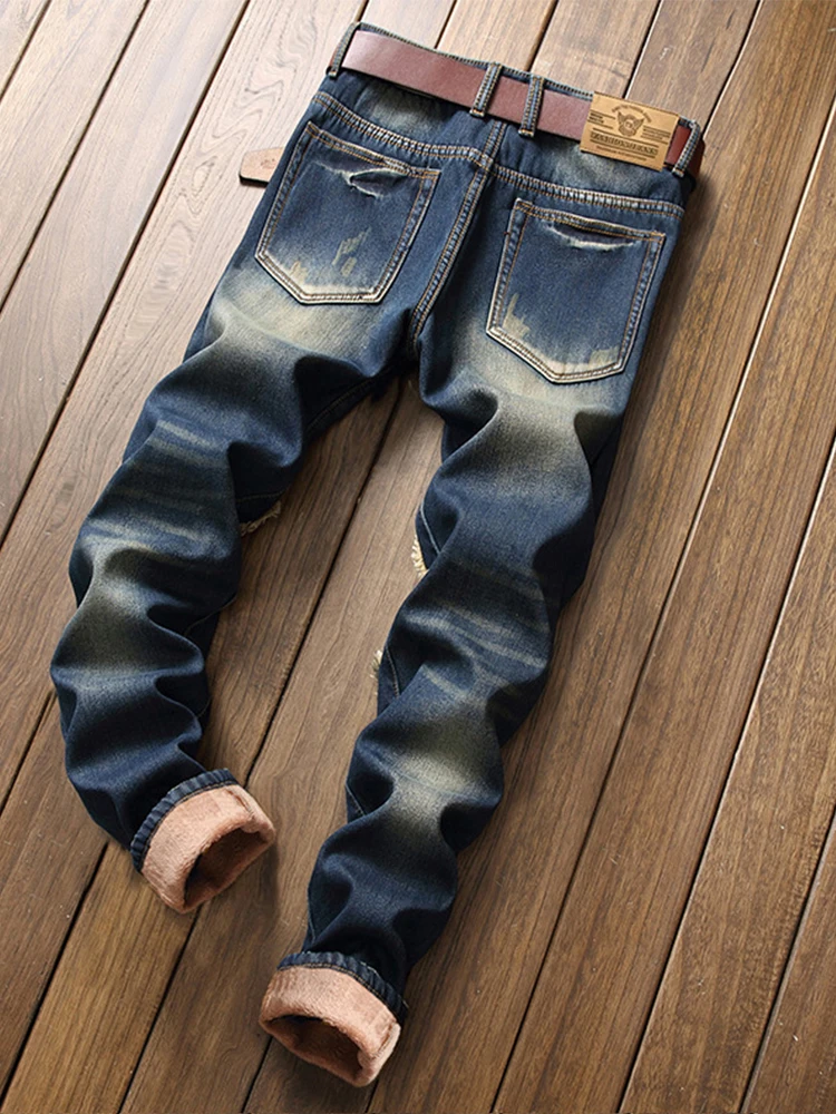 Men Fall Fleece Thick Jeans Slim-Fit Micro-Bounce Hip Hop Fashion Cat-Beard Straight Leg Denim Pants PROM Party Youth Men's Wear