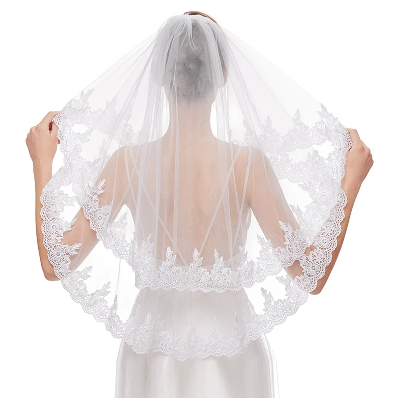

Wedding Bridal Veil with Comb Illusion Tulle Lace Appliques Sheer Veils Hair Accessories for Bride 2 Tier Elbow Length