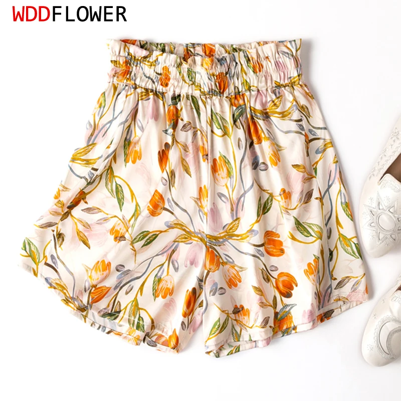 

Women Shorts 93% Mulberry Silk 7% Spandex 19 momme Sexy Colorful Tulip Printed High Waist Pants Trousers Summer MM947