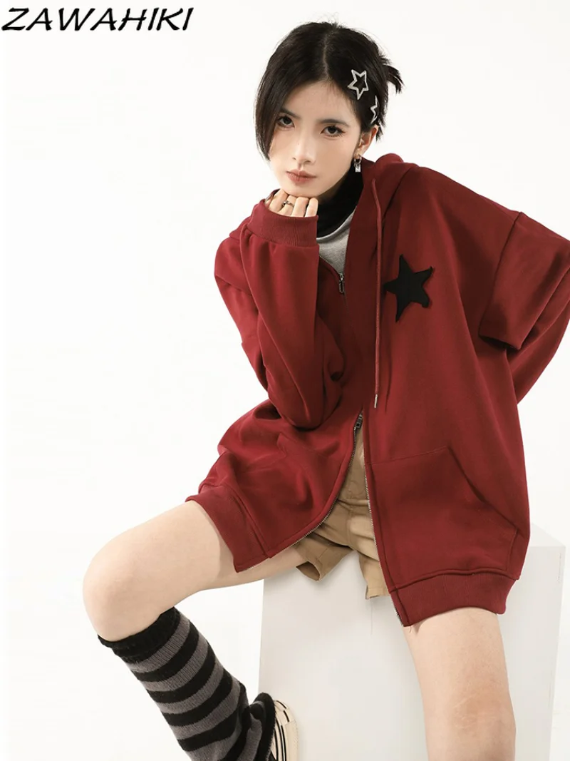 

Grunge Y2K Zip-up Hoodies Women Egirl Star Print Oversize Red Hooded Sweatshirts Harajuku Vintage Aesthetic Tops Outerwear