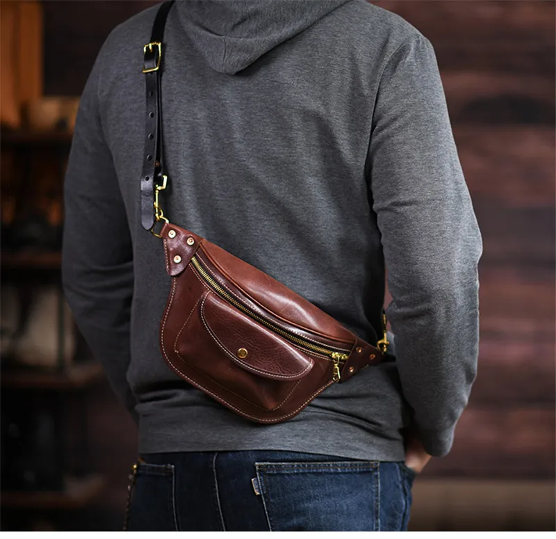 Fashion vintage high quality crazy horse cowhide men's small chest bag daily outdoor sports luxury genuine leather crossbody bag