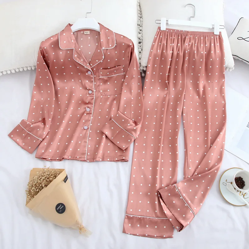 Fashion women long sleeve pajamas fall ice silk printed long-sleeved pants suit fashion pajamas