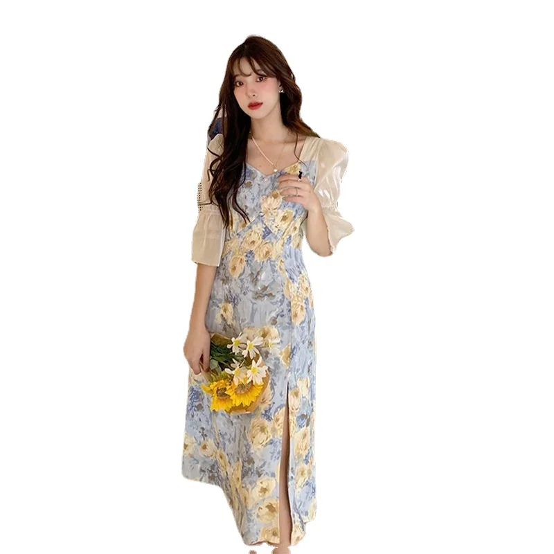 

French Floral Dress Women's Waist Slim Square Collar Split Long Skirt