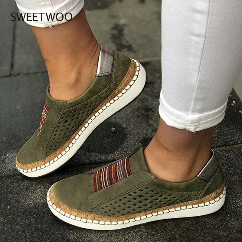 

2021 Women Slip On Sneakers Shallow Loafers Vulcanized Shoes Breathable Hollow Out Casual Ladies Shoes Woman Plus Size Tide Slim