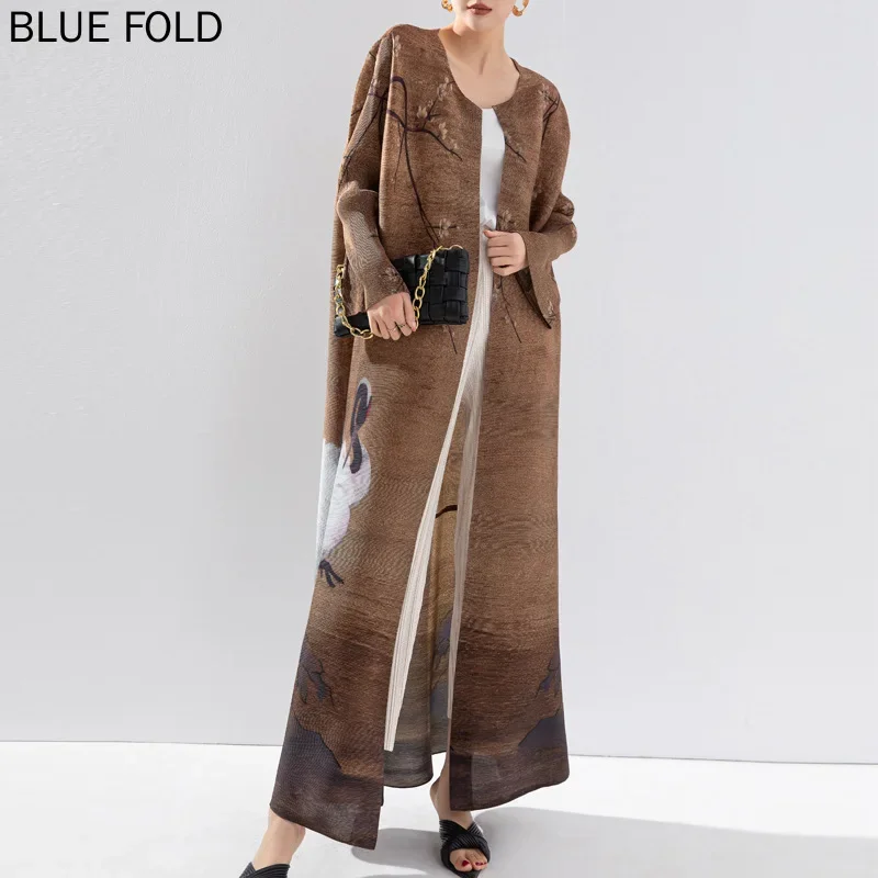 MIYAKE-Женский плиссированный плащ кардиган с круглым вырезом длинная ветровка