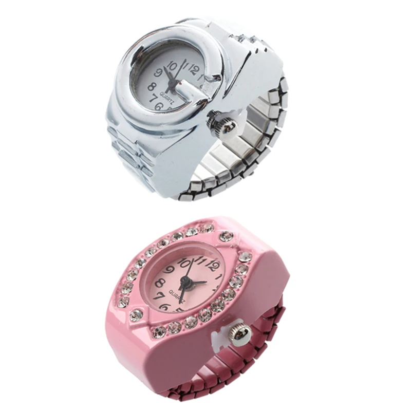 

2X Women Silver/Pink Alloy Quartz Arabic Number Dial Pocket Finger Ring Watch