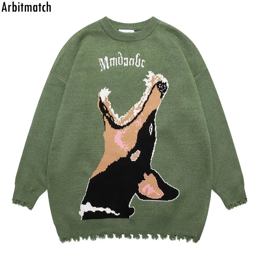 

Arbitmatch Harajuku Frayed Sweater Men Doberman Print Sweater Pullover Hip Hop Streetwear Loose Sweater Mens Knitted Sweaters