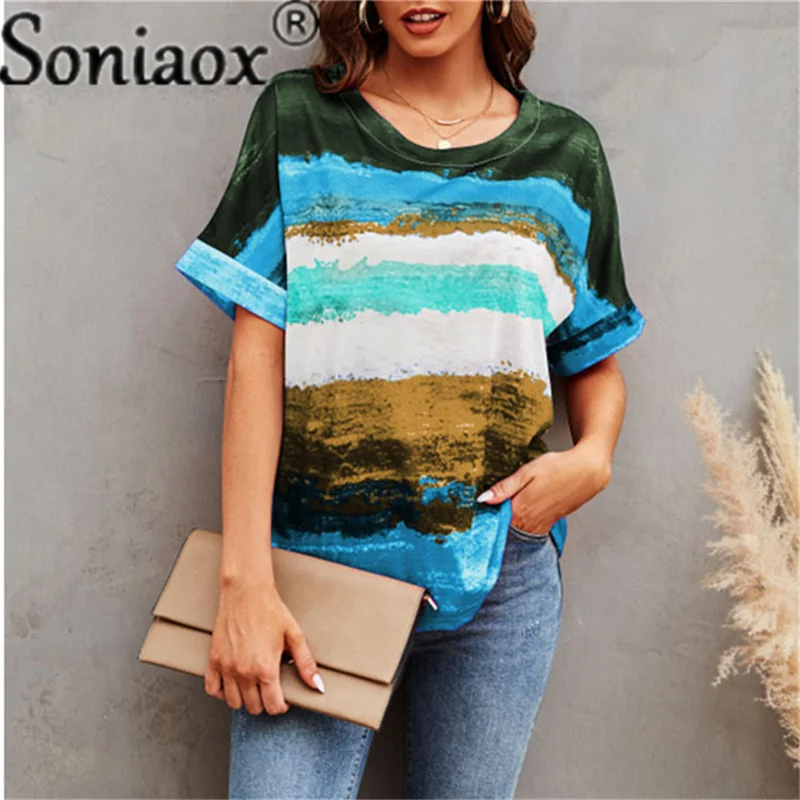 Женская Повседневная футболка с градиентным принтом винтажная свободная