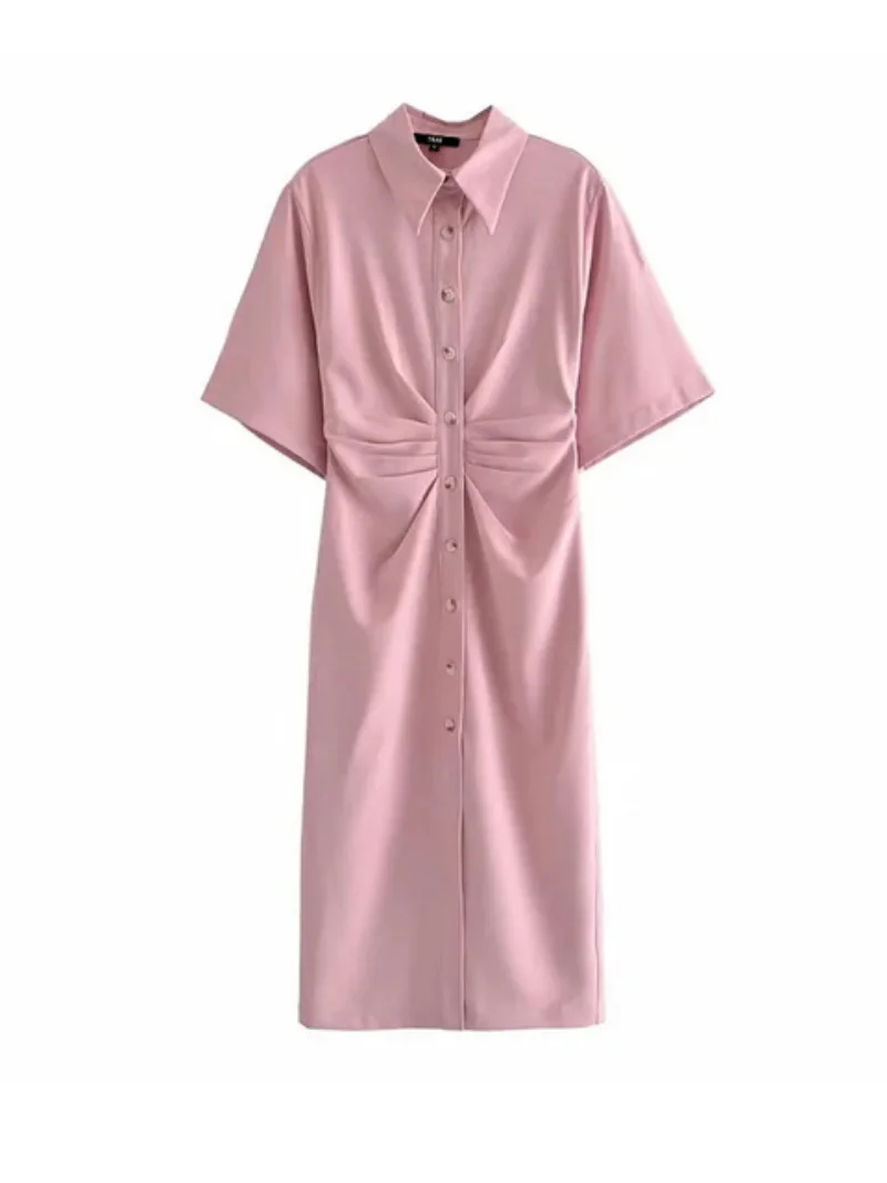 

Vintage Short Sleeve Side Zipper Female Dresses Vestidos shirt dresses Women Chic Fashion Button-up Draped Midi Shirt Dress