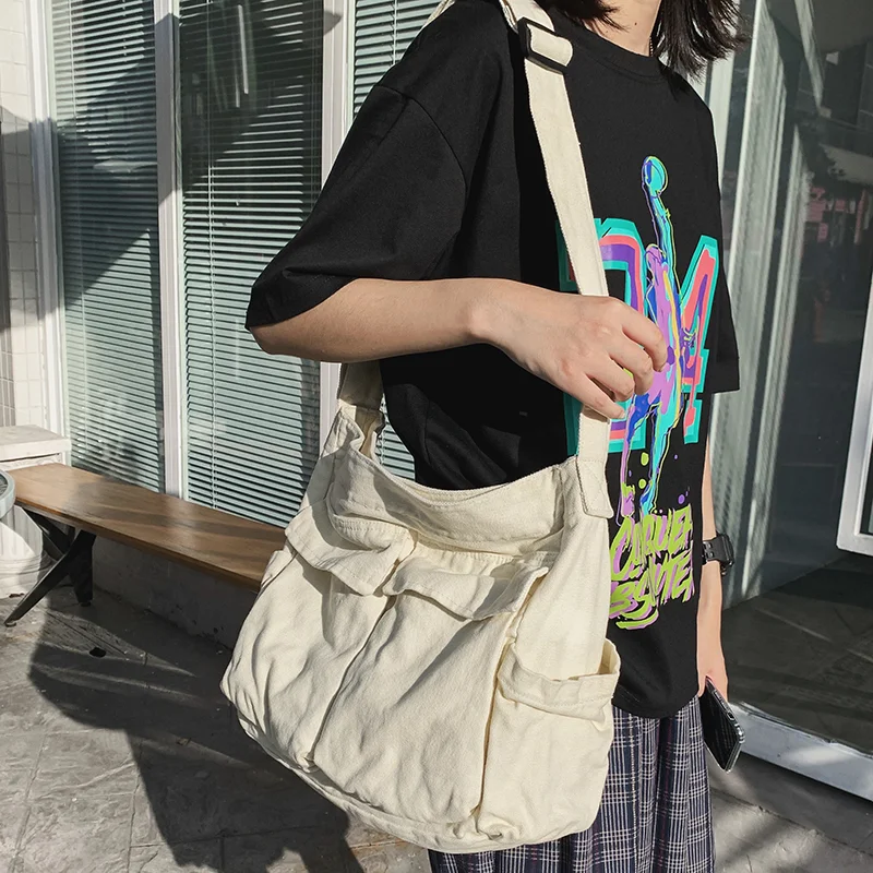 Artistic Girl Canvas Shoulder Bag Leisure Shopping Bag Large Capacity Handbag Versatile Solid Color Shoulder Crossbody Bag