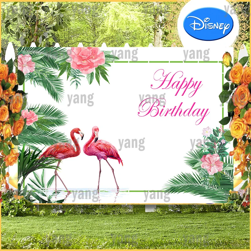 

Custom Happy Birthday Summer Backdrop For Photography Flamingo Children's Day Party Decoration Safari Jungle Forest Background