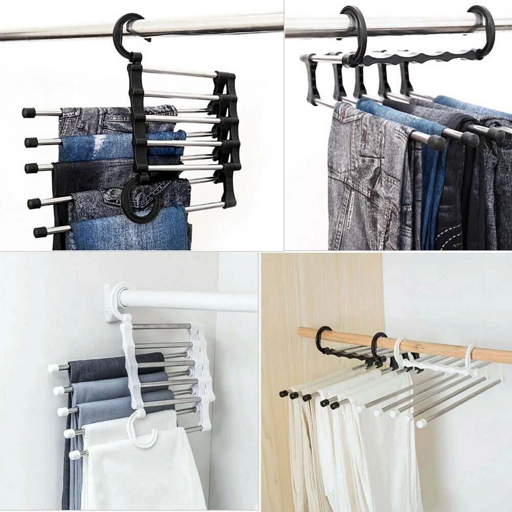 5 in 1 Pant Rack Hanger for Clothes Organizer Multifunction Shelves Closet Storage Organizer StainlessSteel Folding clothes hang