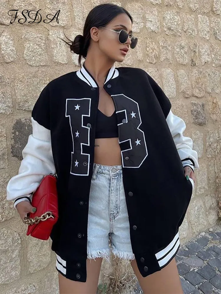 

FSDA Letter Print Oversized Baseball Jacket Women Patchwork Casual Autumn Winter Green 2022 Black Loose Coat Varsity Y2K