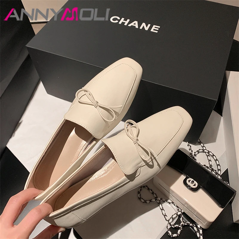 

ANNYMOLI 2022 Spring Loafers Shoes Women Natural Genuine Leather Flat Shoes Square Toe Fashion Bow Lady Fashion Footwear Summer