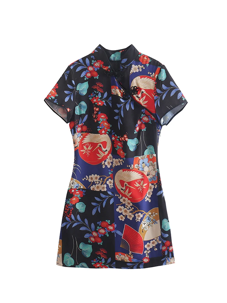 

Vintage Chinese Style Dress Women Summer Flower Print Slim Mini Dresses 2022 vestidos