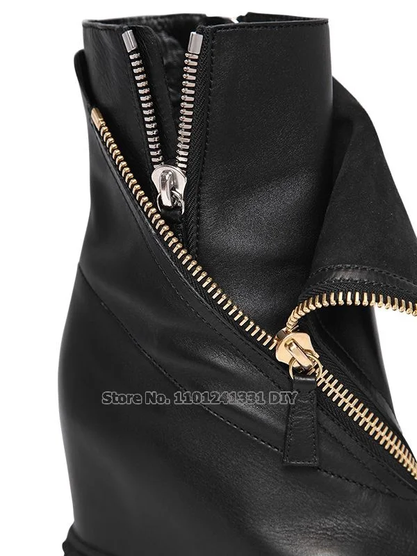 Height Increased Platform Wedge Heeled Short Boots Women Double Side Zippers Botas 8Cm High Heel Wedges