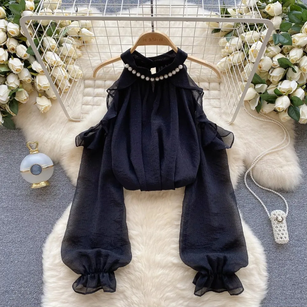 Женская шифоновая блузка с открытыми плечами и длинными рукавами вышитыми