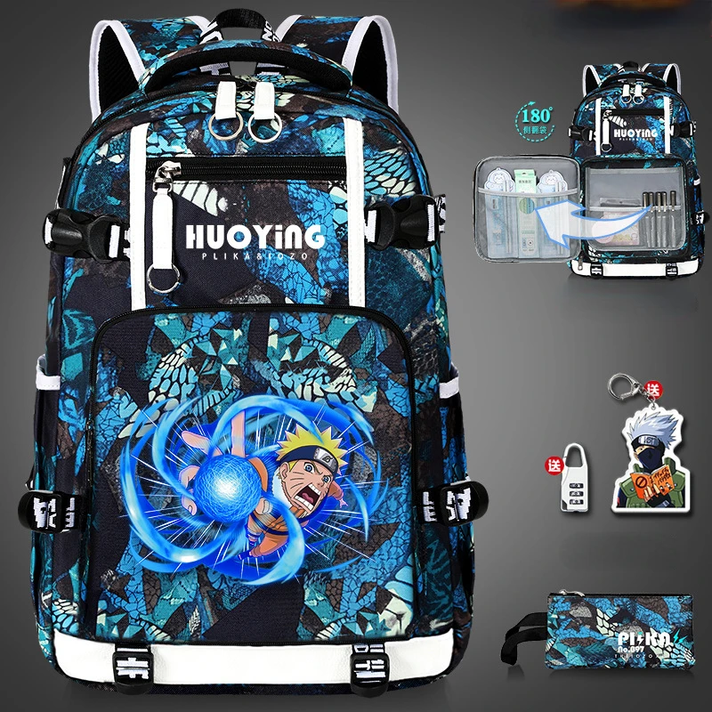

New Naruto Kakashi Luminous Schoolbags with Pencil Case for Student Large Capacity Travel Bag Trendy Printing Backpacks for Gift