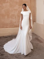 2022 white ivory custom made new embroidered lace crepe bateau neckline cap short sleeves chapel train mermaid wedding dresses