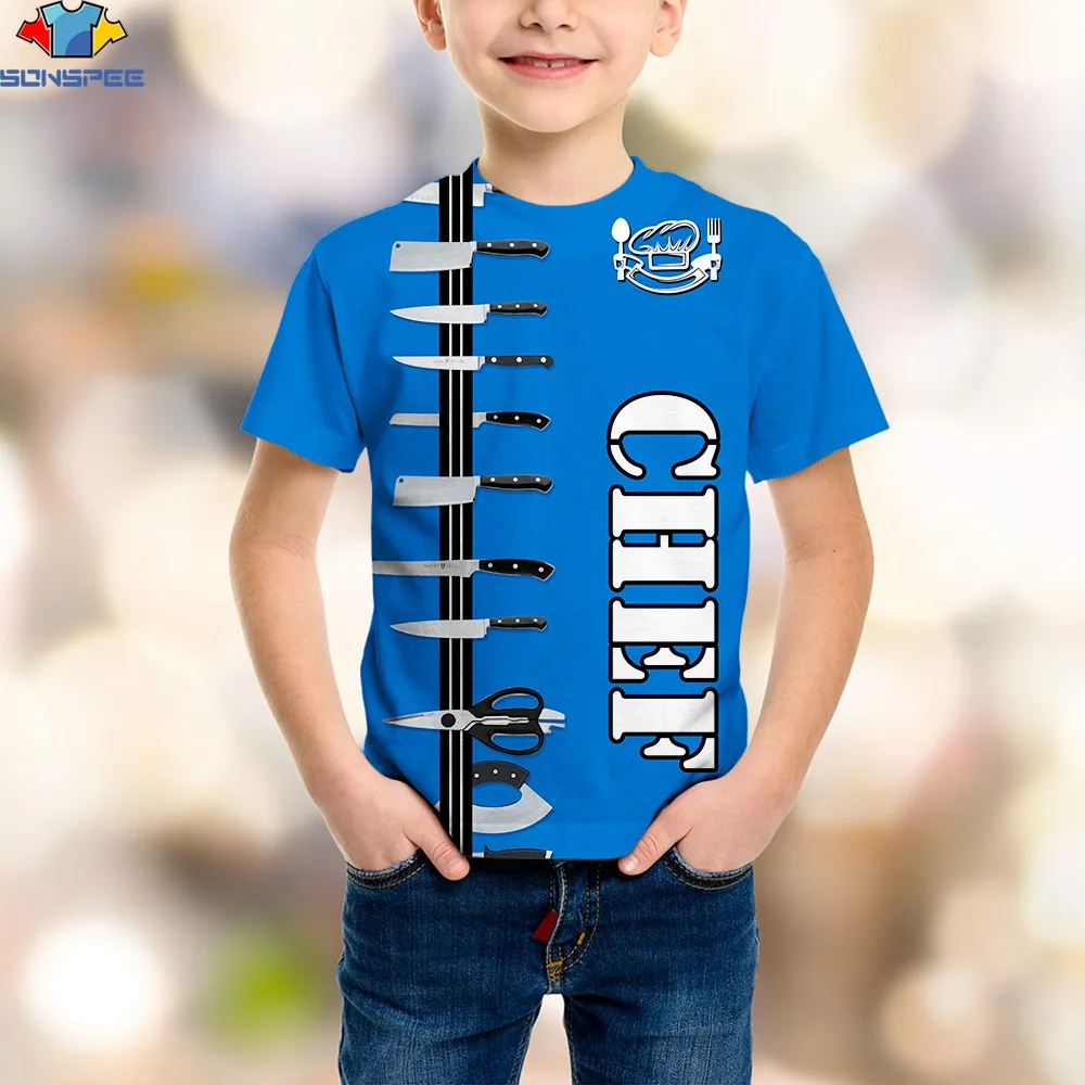 

SONSPEE 3D Print New Kids Boy T Shirt Parent Child Clothing Funny Chef Kitchen Knife Cartoon Logo Teen T Shirt Happy Family Wear
