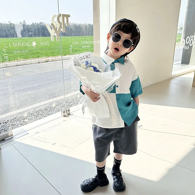 

Children's Clothing Boys Lapel Short-sleeved Top 2023 Summer New T-shirt Korean Shirt Boutique Clothing Simple Style