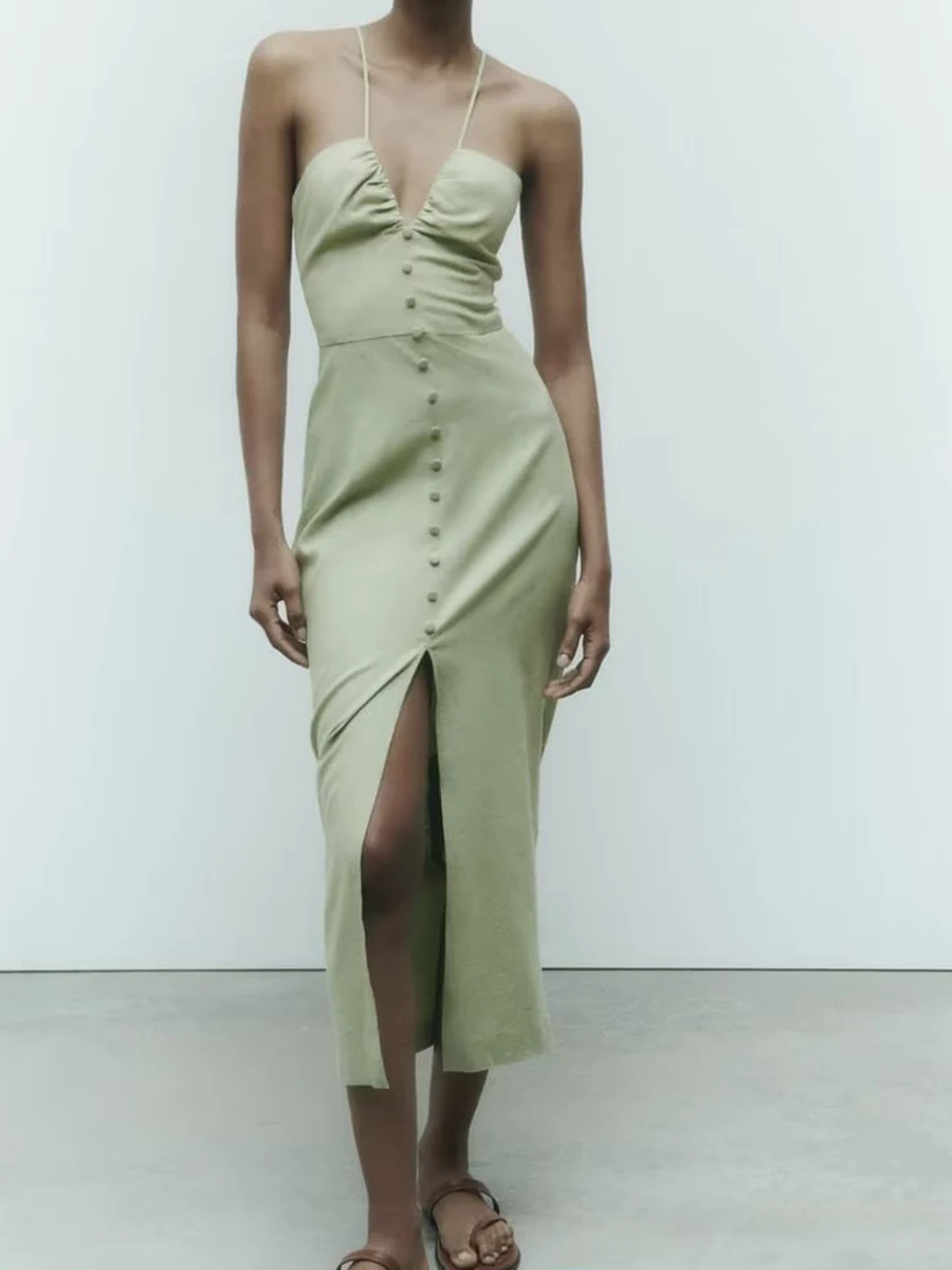 

Женское однотонное ажурное платье-миди без рукавов, сексуальные повседневные Простые облегающие летние платья, новинка 2023, модные элегантные платья с разрезом