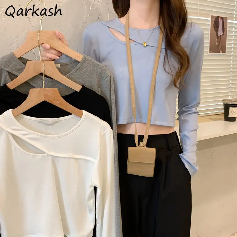 

T-shirts Women Long Sleeve O-neck Trendy Hollow Out Student Korean Version Cropped Tops Feminine Dating Slim All-match Holiday