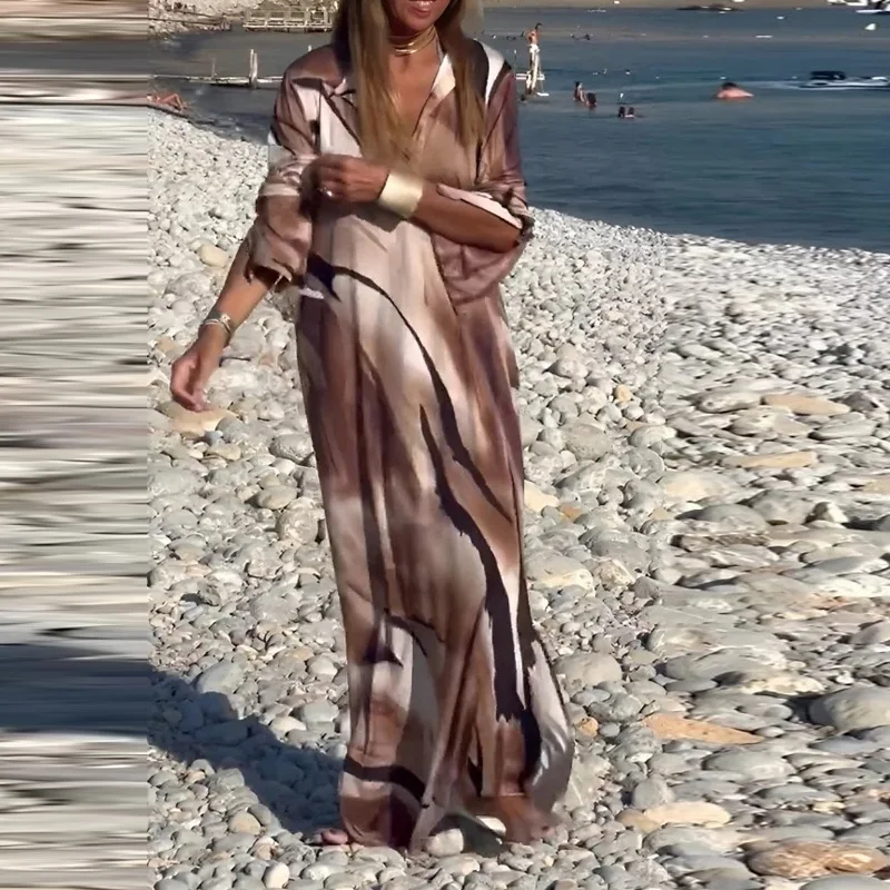 

Платье женское длинное в стиле бохо, праздничное пляжное свободное Макси-Платье с принтом, с V-образным вырезом, Боковым Разрезом и длинным рукавом, весна-осень