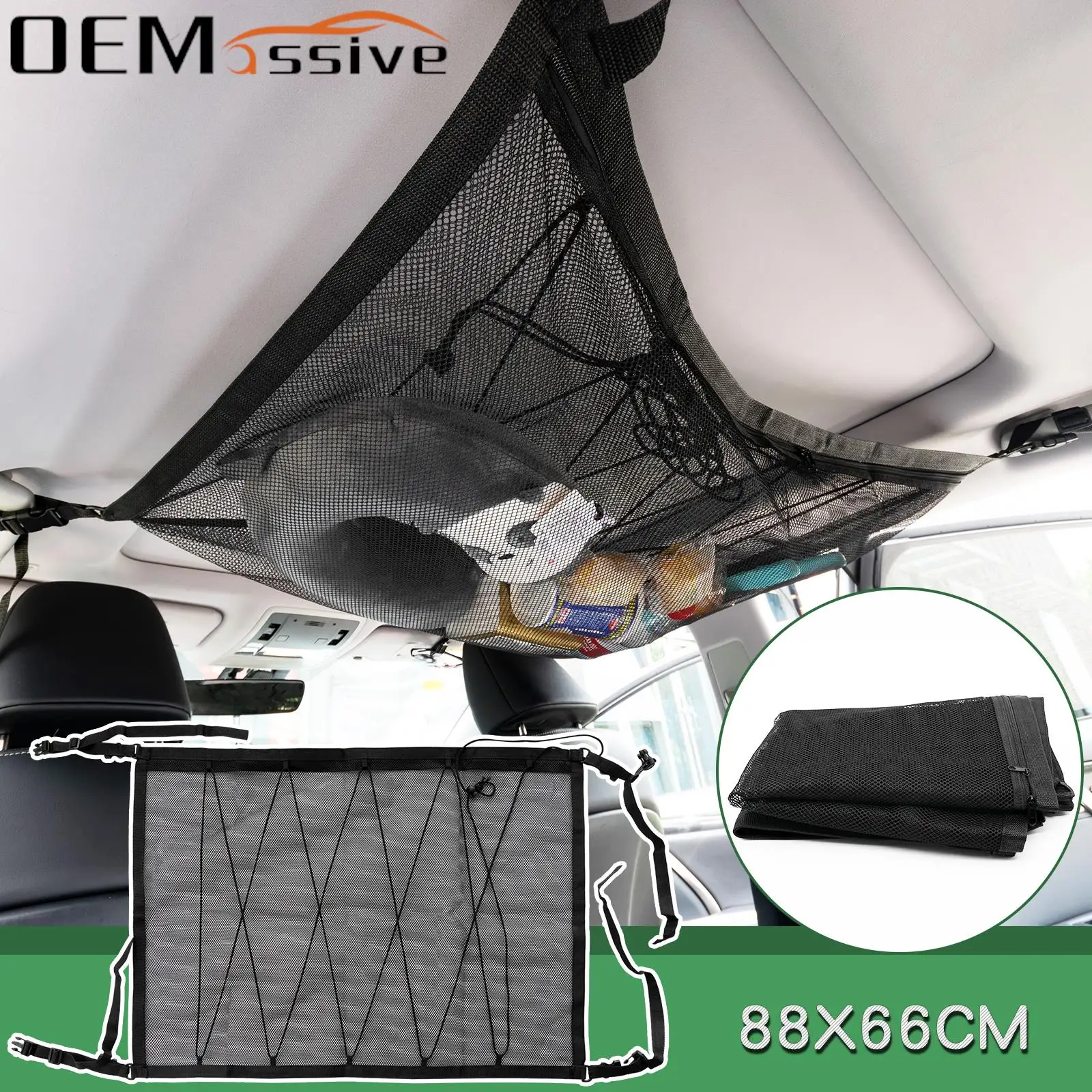 

88X66CM Car Cargo Net Mesh Organizer Ceiling Storage Pocket Interior Roof Bag Adjustable Breathable Stowing Tidying Pouch Net