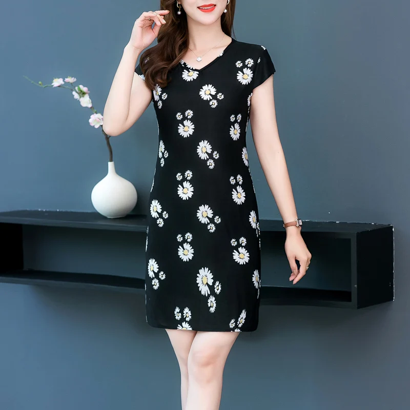 

Summer New Women milk Silk Dress Floral Printed V-Neck Short Sleeve Casual Loose Vintage Dresses Plus Size 5XL Vestidos
