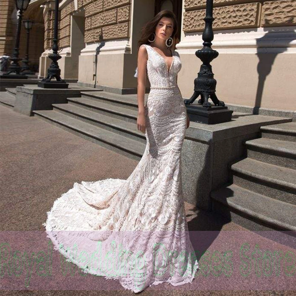 

Retro Mermaid Wedding Print lace V-neck Open Back Tulle Draped Satin 2022 Floor Length Beading High Quality Gowns Robe De Ma
