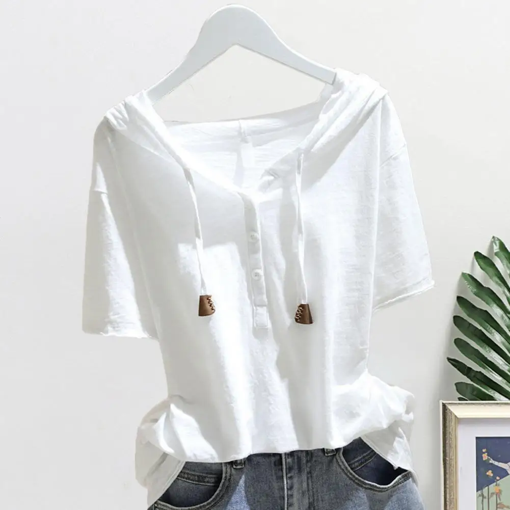 

Women Sweatshirt Summer Short Sleeves Drawstring Hooded Top Solid Color Loose Breathable Pullover Casual Top