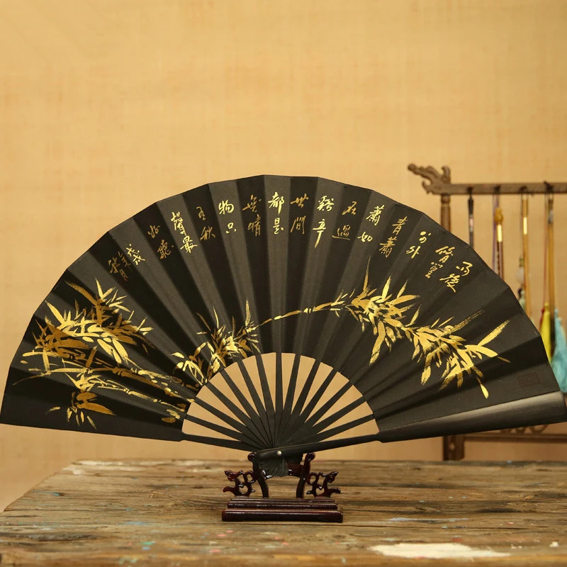 

10 inch Chinese style big fan handmade bamboo black hand-painted retro folding fan wedding decoration gift fan with fan box