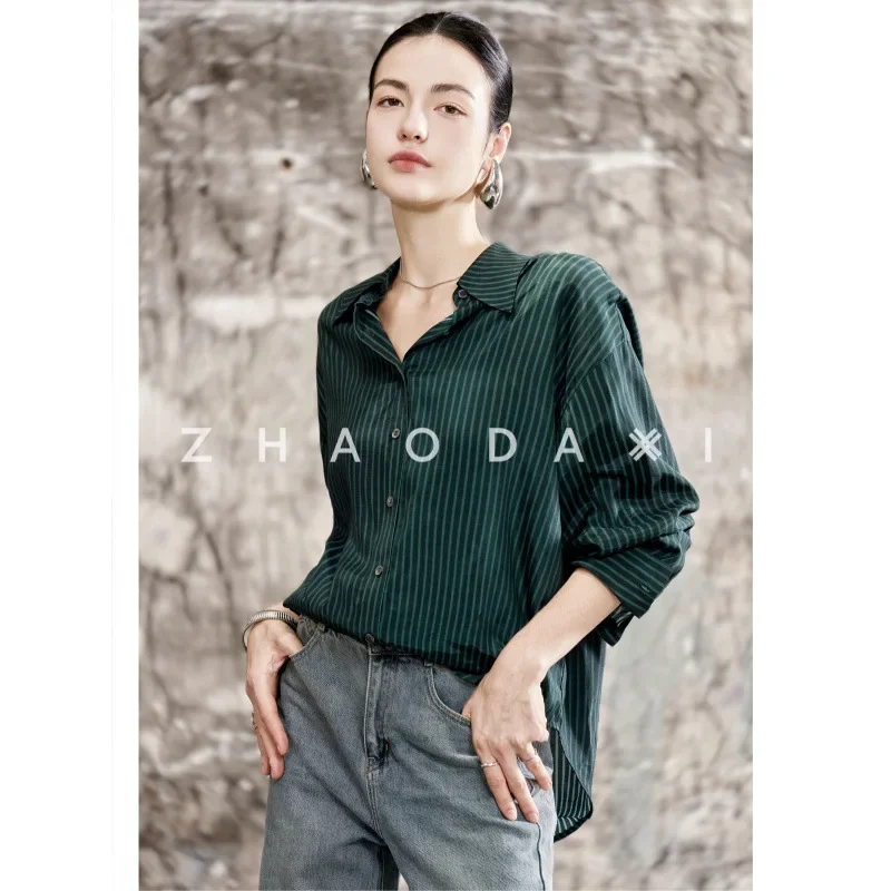 Новинка осени 2024 женская дизайнерская рубашка в зеленую полоску Корейском стиле