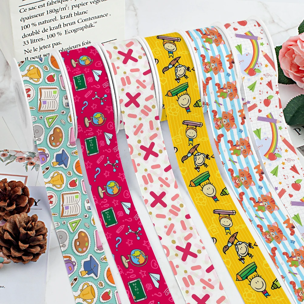 

Come to Back School Stationery Pattern Printed Grosgrain Satin Ribbon for Gift Wrapping Hair Bow Craft Accessory 50 Yards