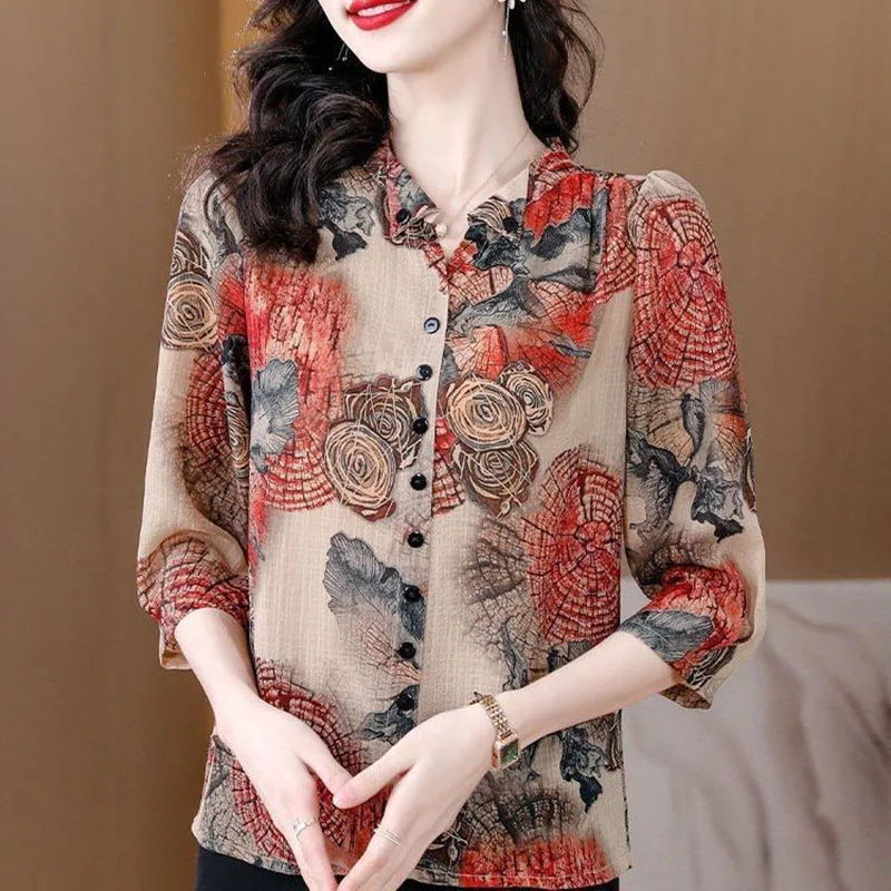 

Fashion V-Neck Button Loose Vintage Printed Shirt Women's Clothing 2023 Summer New Oversized Casual Tops Commuter Blouse