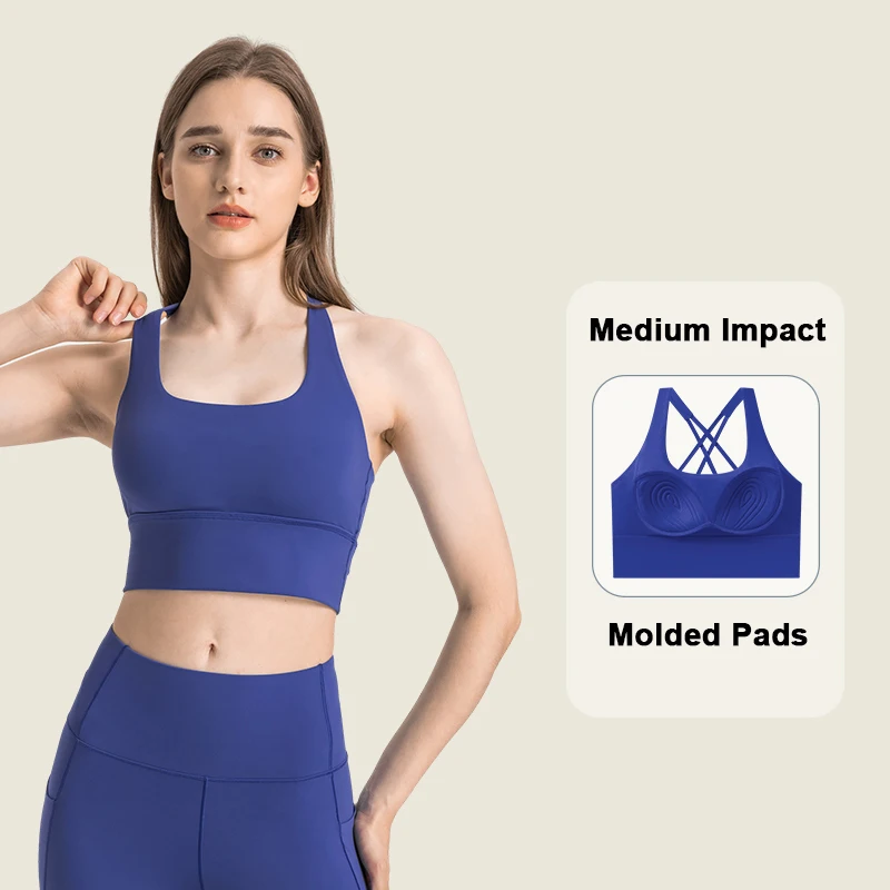 

Women Strappy Sports Bras Molded Cup Yoga Crop Top U-neck Crisscross Straps Shockproof Gym Fitness Athletic Brassiere Naked Feel