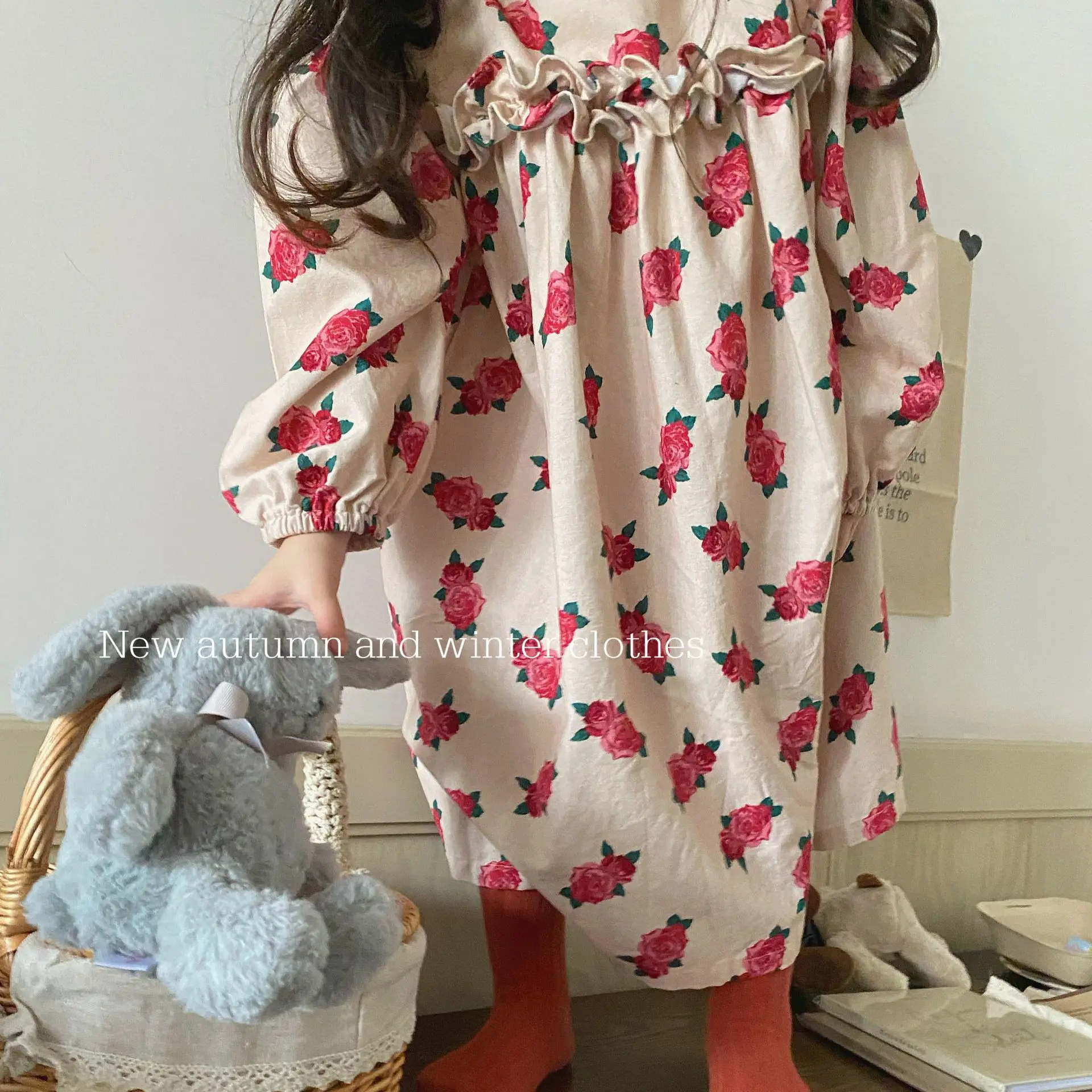 

2022 Autumn New Korean Children's Clothes Baby Girs Flower Brushed Retro Dress