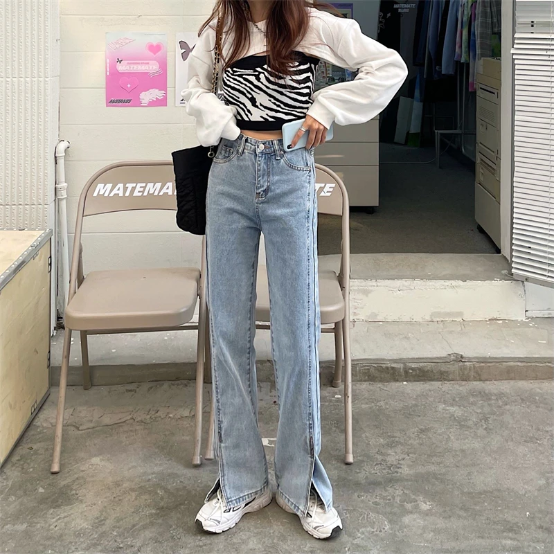

DD1389 Jeans Ladies New High Waist Thin Wide Leg Pants Straight Long Pants Jeans