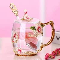 luxury butterfly peach enamel glass mug beautiful tea mugs coffee cups cup for coffee drinkware new year mugs mug with lid beer