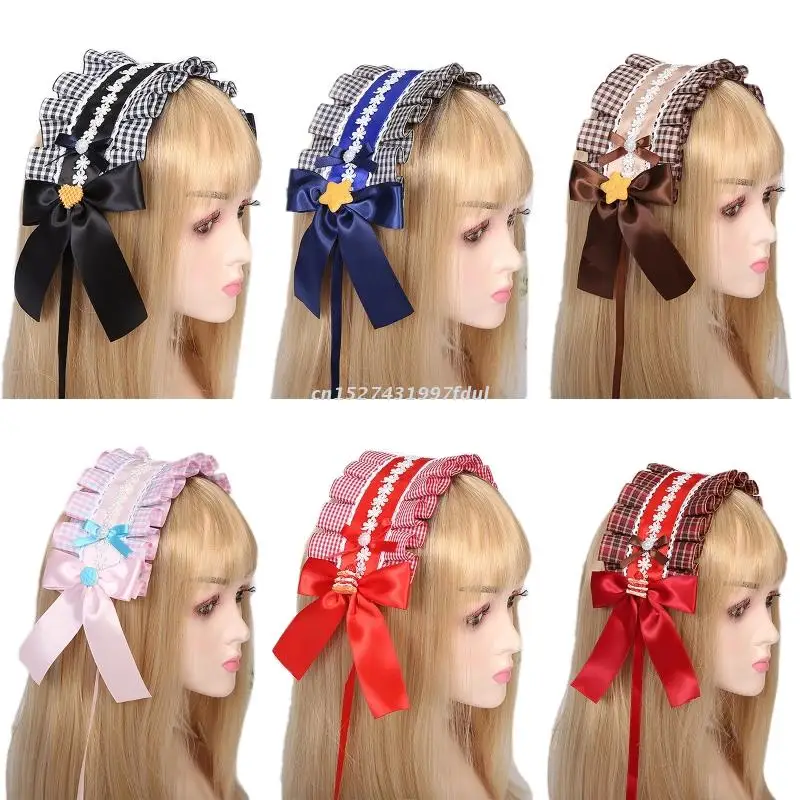 

Lolita Plaid Ruffles Headbands Ribbon Bows Adorn Headdress Cute Maid Headpiece Anime Cosplay Headband Hair Accessory